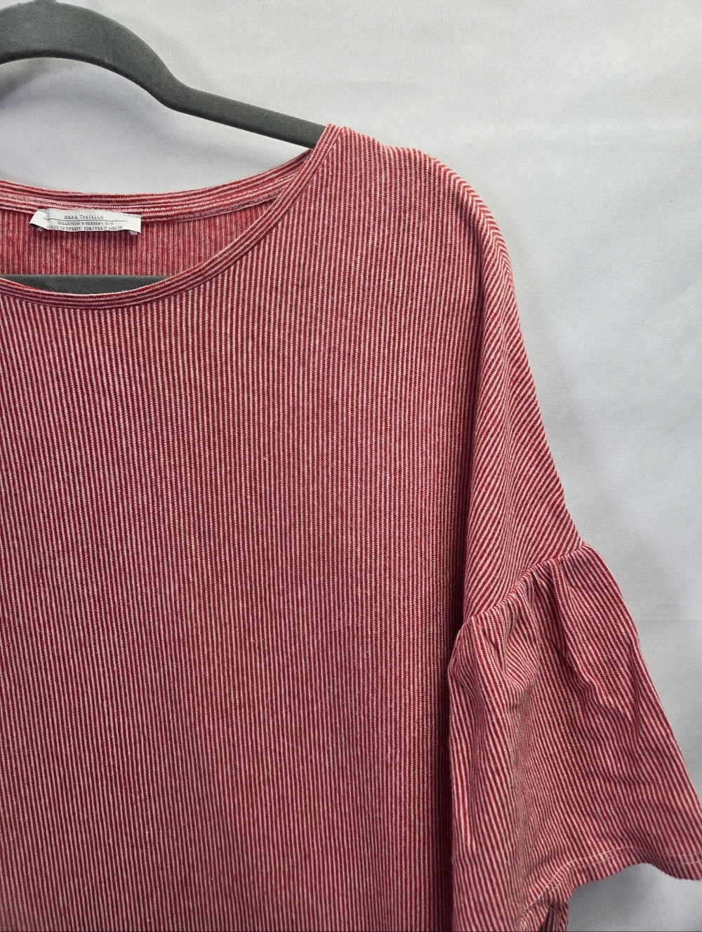 Zara T-Shirt Dress Women’s Med Red White Ruffle Sleeve Pinstripe Tunic Casual - Picture 2 of 8